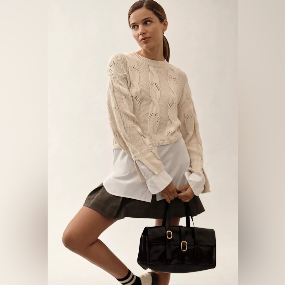 Pilcro Anthropologie Cable Knit Layered Sweater Shirt Hem Cream Oversized Boho-L